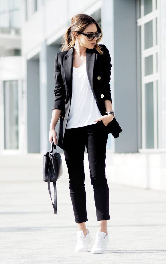 wear a black suit, a white tee, white sneakers and a black bag to work