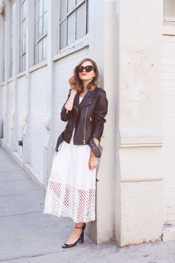 a retro inspired lace midi dress, an oversized black leather jacket, black ankle strap shoes