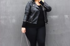 09 a black top, black leggings, a black leather jacket, grey printed flats and a black bag