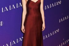 11 a flawless burgundy slip midi dress, a matching lipstick and black heels for a super sexy look