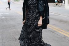 13 a black and white polka dot ruffled midi dress, a black leather jacket and yellow shoes