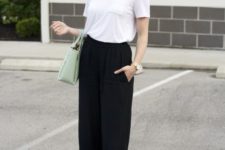 13 black culottes, a white tee, blue shoes and a mint bag for a simple casual look