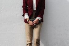 13 cropped camle pants, a white button down, a burgundy blazer, black shoes and a studded clutch