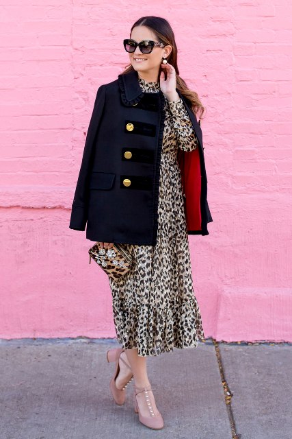 With black mini coat, leopard clutch and pale pink shoes