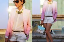 With blouse, white shorts, sunglasses, white platform shoes and two colored bag