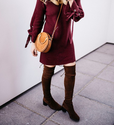 With brown leather rounded crossbody bag and marsala suede over the knee boots