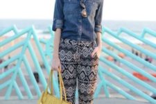 With denim shirt, yellow tote bag and beige cutout shoes