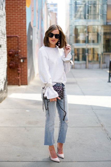With jeans, embellished clutch and white pumps
