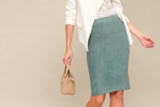With lace top, white blazer, beige bag and high heels