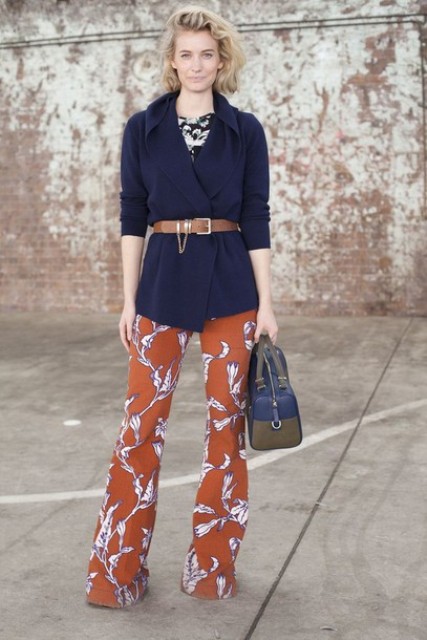 With navy blue cardigan, brown belt, two colored bag and floral blouse