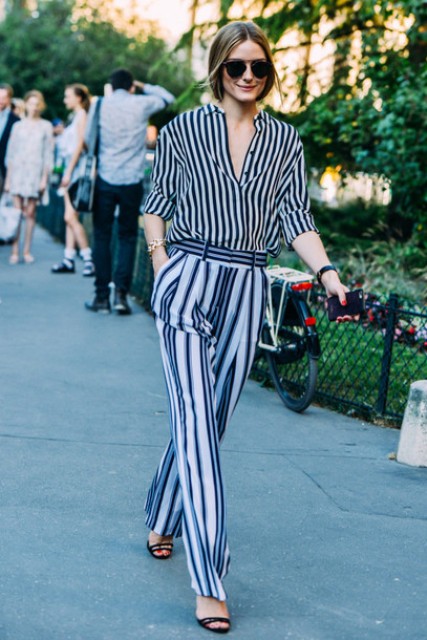 With striped loose shirt and sandals
