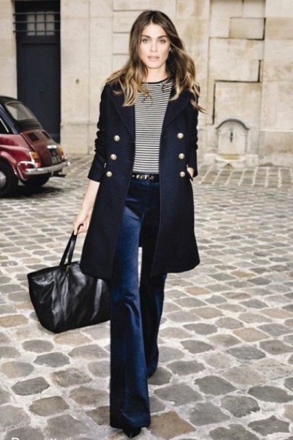 With striped shirt, navy blue coat, black tote bag and shoes