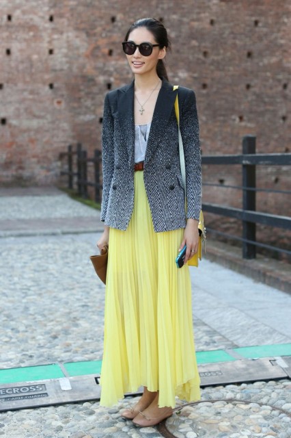 With top, yellow maxi skirt, belt and flats