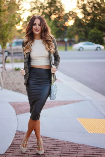 With white crop top, checked jacket and beige shoes