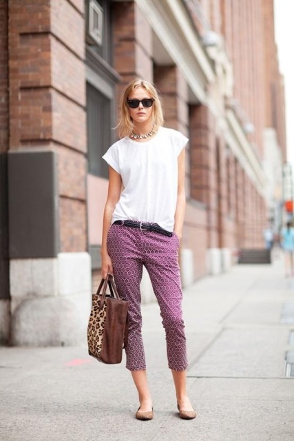 With white shirt, leopard tote and flats