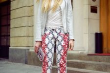 With white shirt, printed jacket, lace up shoes and clutch