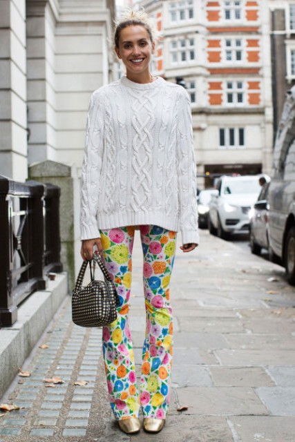 With white sweater, printed small bag and golden shoes
