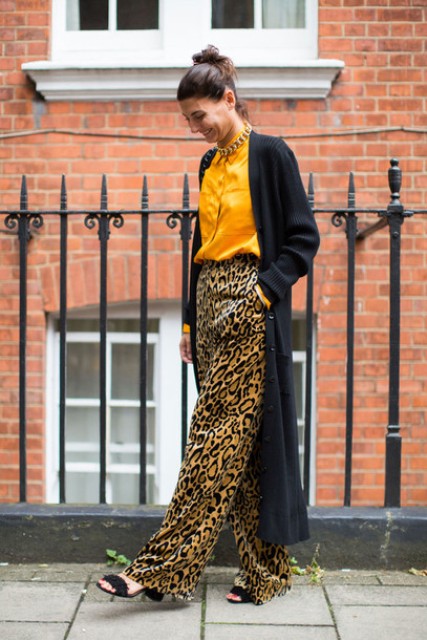With yellow blouse, black maxi cardigan and black sandals