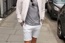 03 white trainers, a grey tee, a neutral bomber blazer and white shorts for a preppy summer look