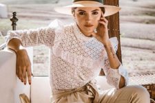 camel high waisted pants, a white cotton lace blouse, a hat and a wooden bag for a lovely summer look