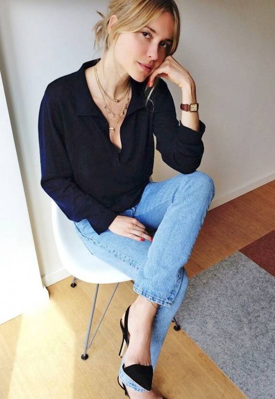 a black button down, light blue jeans, black sling backs for an ultimate elegant look