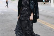 08 a black and white polka dot midi dress with ruffles and an accented waist, a black leather jacket and neon yellow heels