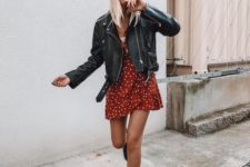 12 a rust polka dot mini dress, a black leather jacket, black combat boots for a touch of edge