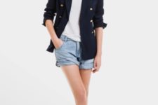 With loose shirt, denim shorts and white sneakers