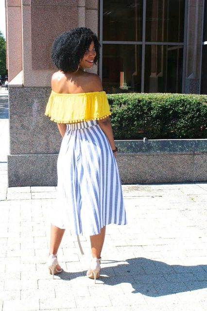 With striped culottes and white high heels
