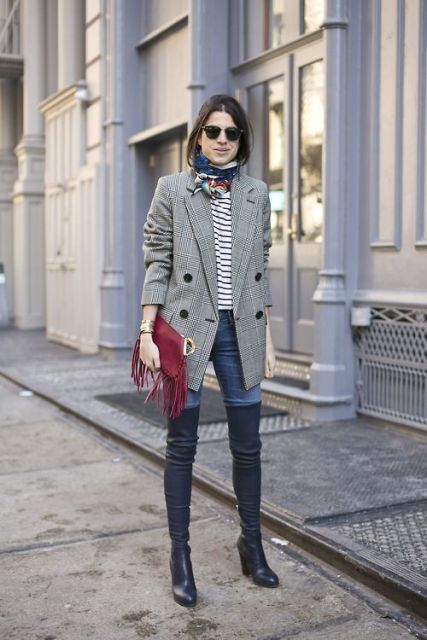 With striped shirt, scarf, fringe clutch, skinny jeans and over the knee boots