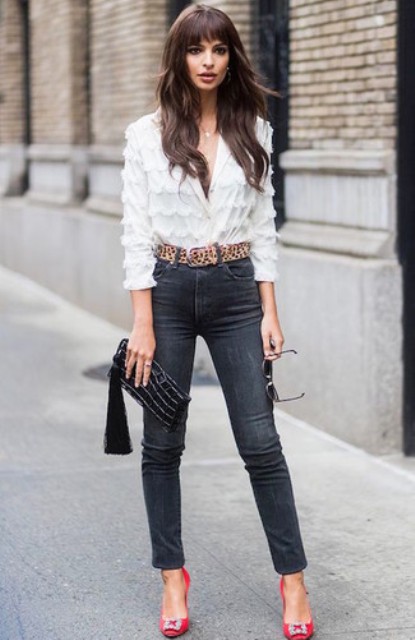 With white blouse, skinny jeans, tassel clutch and red shoes