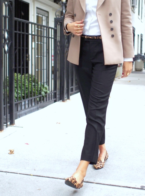 With white shirt, pale pink blazer, black cropped pants and leopard shoes