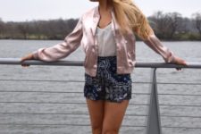 With white top, satin jacket and beige shoes