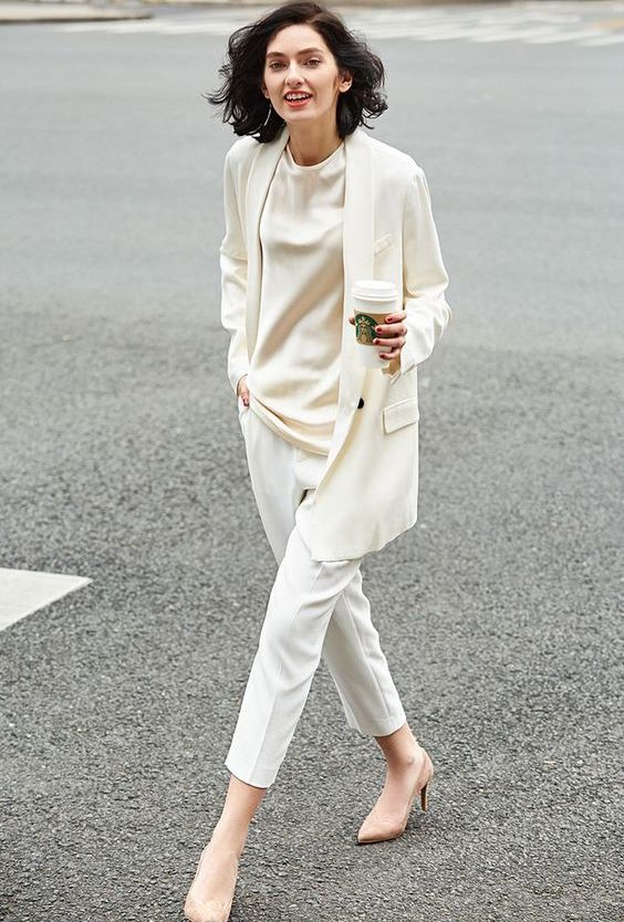 a creamy silk blouse, a creamy oversized blazer, white cropped pants, nude heels for a casual feel