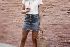 a deconstructed denim mini, a white tee, black espadrilles and a basket for summer
