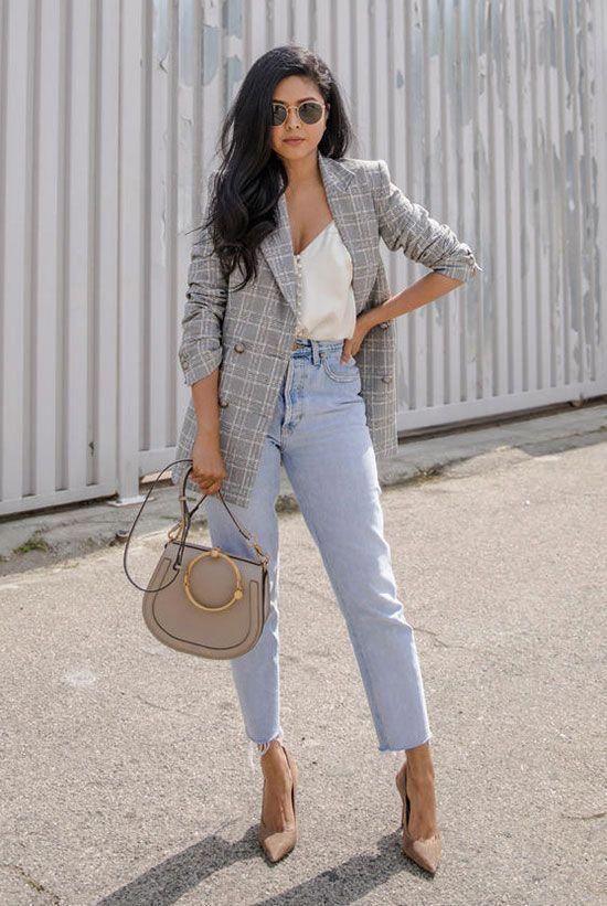a grey check blazer, a white button down top, light blue mom jeans, nude shoes and a grey bag