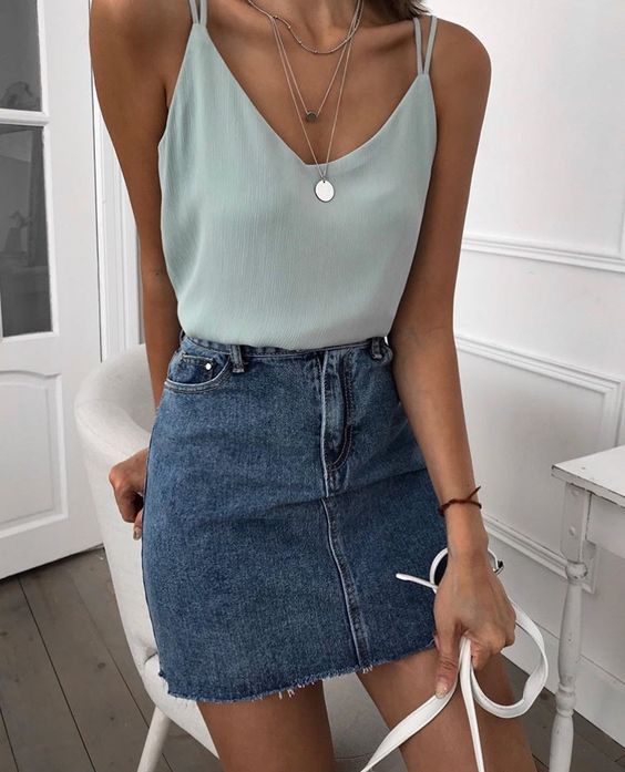 a simple summer outfit with an aqua cami top, a blue denim mini and some jewelry is cute and lovely