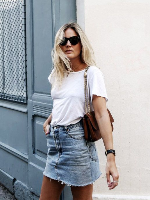 a summer look with a white tee, a blue denim mini, a brown bag with chain is very easy to repeat