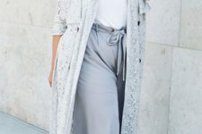 a white top, grey culottes, a grey lace trench and nude shoes for spring or colder summer days