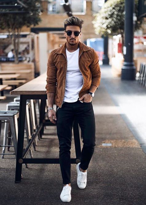 black chinos, a white tee, white sneakers and a brown suede jacket for the transitional time