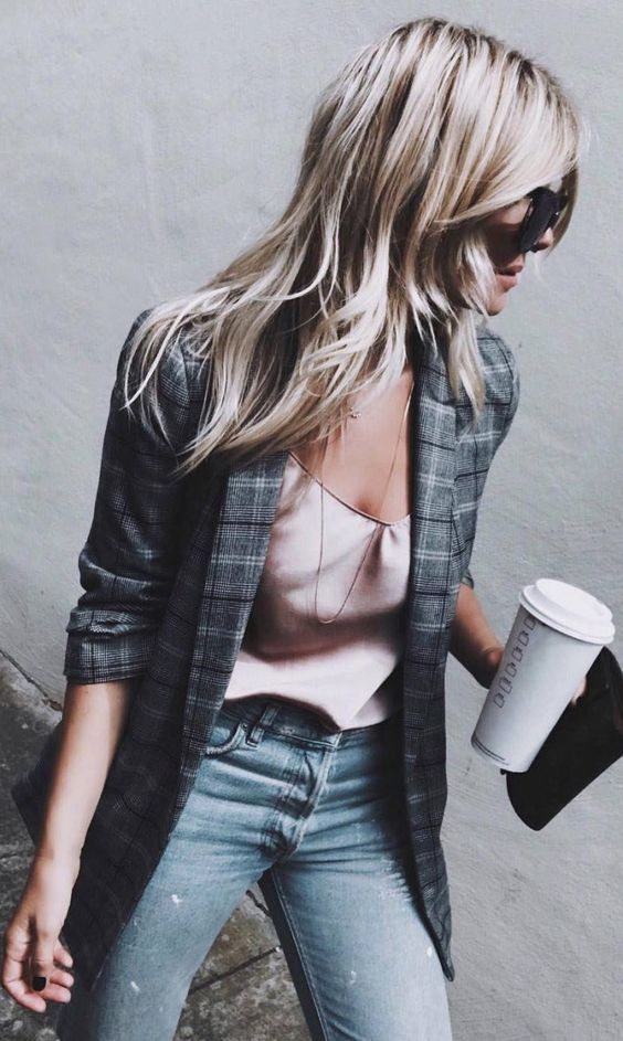 blue jeans, a blush silk spaghetti strap top, a grey checked oversized blazer for a casual look