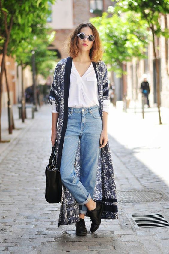 blue mom jeans, a white button down, a moody floral kimono, black Oxford shoes and a black bag
