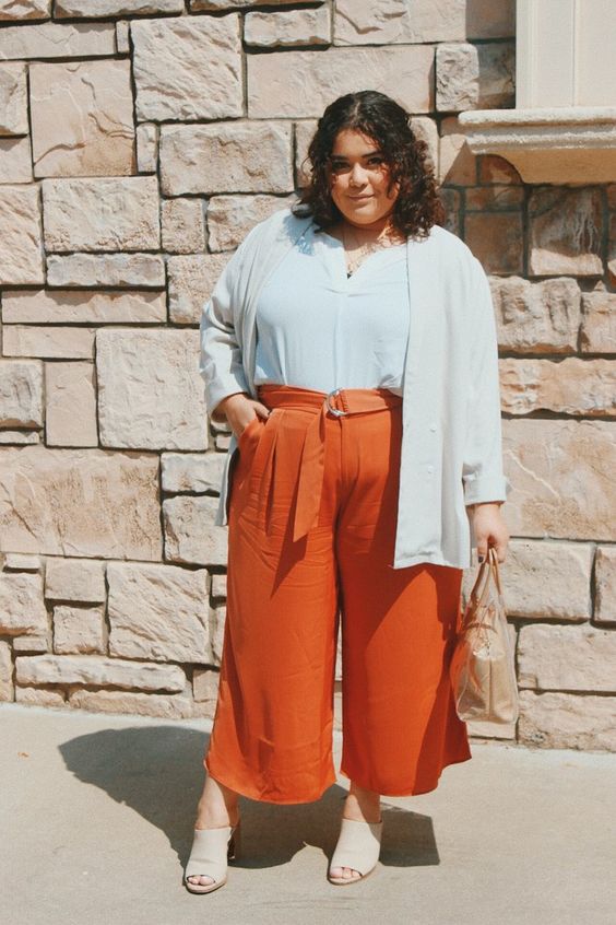 rust culottes, nude mules, an off-white button down, a creamy blazer and a tan bag