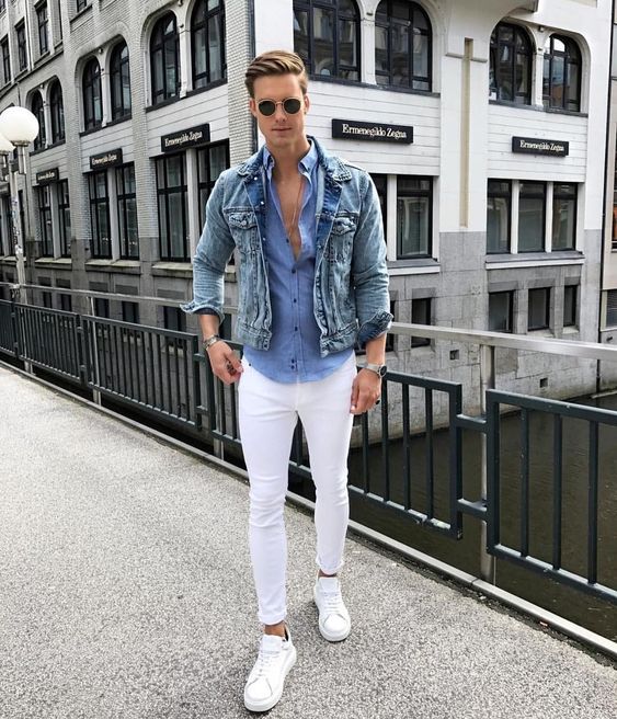 white skinnies, white sneakers, a chambray shirt, a denim jacket for a cool and relaxed look