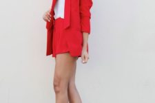 05 a red short suit, a white top, black heels are all you need for an ultimate professional look
