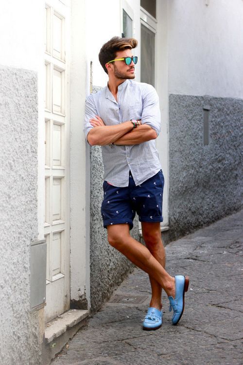a bright and trendy look with a blue button down, navy printed shorts, bright blue loafers