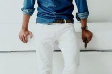 07 a bright summer or spring outfit with a blue chambray shirt, white pants, brown loafers