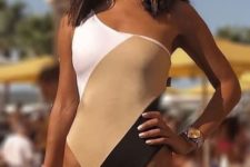 08 a chic and trendy one shoulder one piece swimsuit with color blocking – white, beige and black