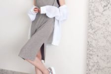 13 a modern grey cap sleeve midi dress with slits, a white button down, white dad sandals