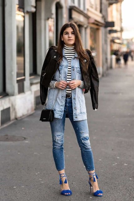 With distressed jeans, mini bag, striped turtleneck, denim shirt and black leather jacket